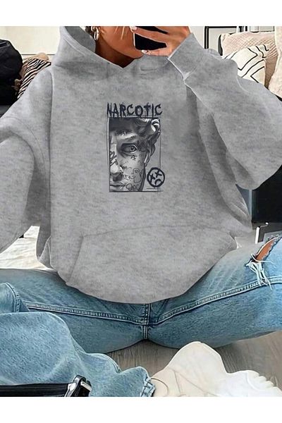 RPT MODA Oversized Narco Print Detailled Hooded Basic Sweatshirt