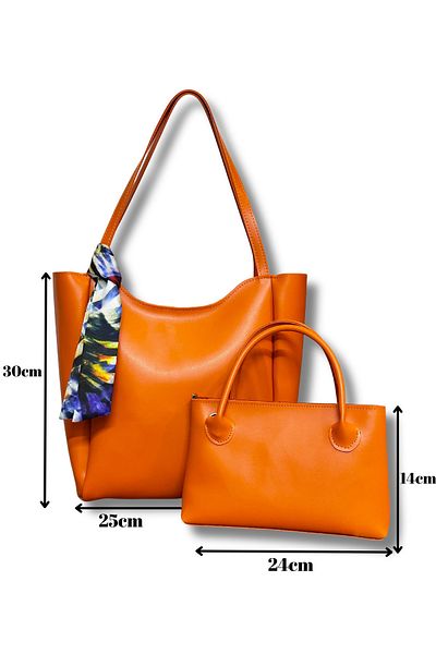 fular & bags Set dublu pentru femei, eșarfă, fermoar și închidere cu capse, geantă portocalie pentru cumpărături de mână și de umăr