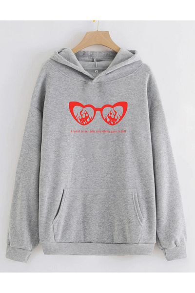 RPT MODA Oversized Flame Eyeglasses Printed Detail Hooded Basic Sweatshirt