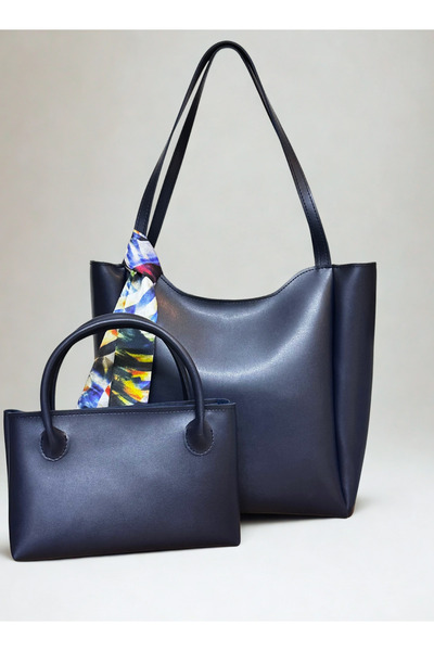 fular & bags Set dublu pentru femei, eșarfă, fermoar și închidere cu capse, geantă de mână și de umăr pentru cumpărători bleumarin