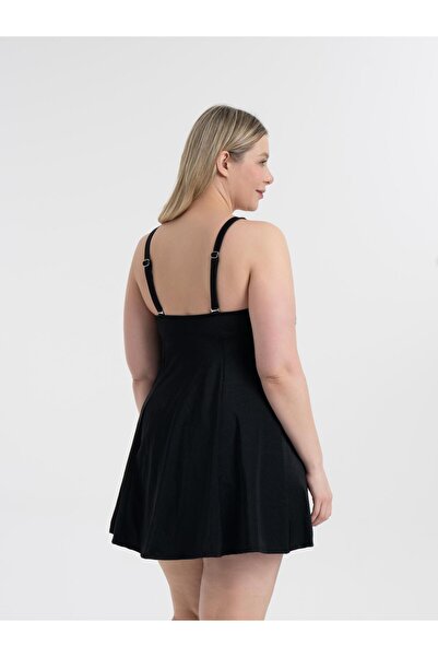 AQUAVİVA Aquaviva - Women's Plus Size Black Carnation Pattern Gathering Stylish Dress Swimsuit