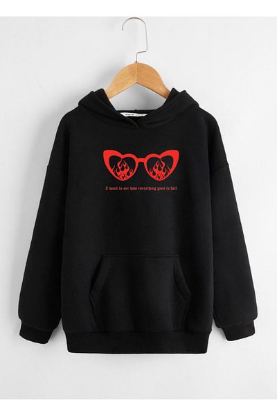 RPT MODA Oversized Flame Eyeglasses Printed Detail Hooded Basic Sweatshirt