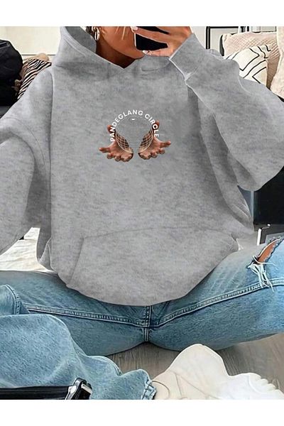 RPT MODA Oversized Hand World Printed Detail Hooded Basic Sweatshirt