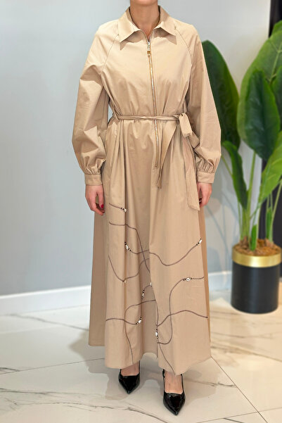 Ceremony Beige Half Placket Zippered Poplin Dress 5779