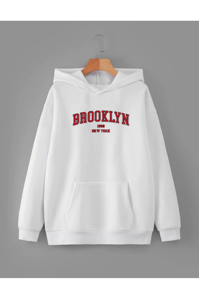 RPT MODA Hanorac de bază cu glugă, supradimensionat, roșu, cu imprimeu BROOKLYN