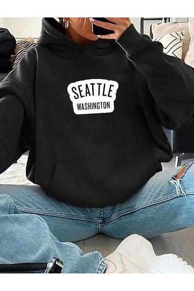RPT MODA Oversized Seattle Print Detail Hooded Basic Sweatshirt