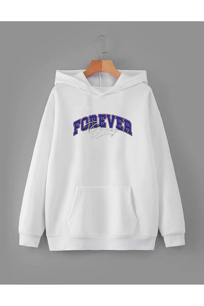 RPT MODA Oversized Blue Forever Printed Detail Basic Sweatshirt with Hood