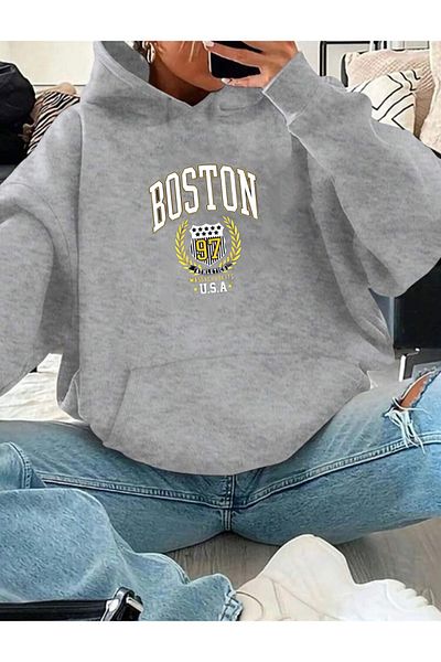 RPT MODA Oversized Boston Printed Basic Sweatshirt with Hooded