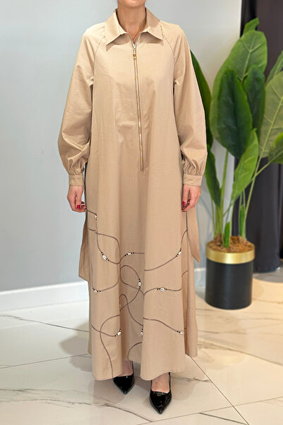 Ceremony Beige Half Placket Zippered Poplin Dress 5779