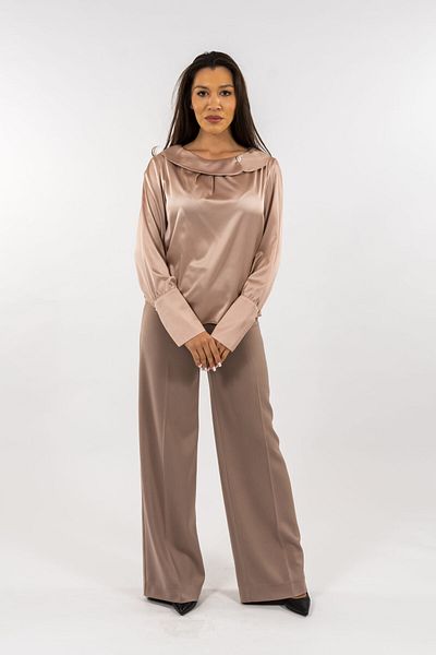 Gorgeaux Brown Silk Blouse and Fabric Pants Set - S(36)