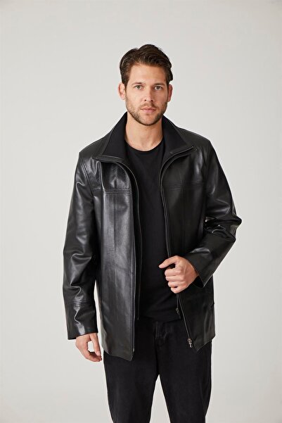 Deriderim Black Sheldon Detachable with Zipper Knitwear Collar Zippered Closure Loose Cut Genuine Men's Leather Coat