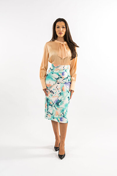 Gorgeaux Set fustă albastră cu imprimeu floral și bluză de mătase - XXL (44)