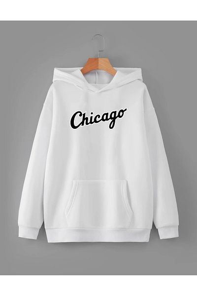 RPT MODA Oversized Black Chicago Print Detail Basic Sweatshirt with Hood