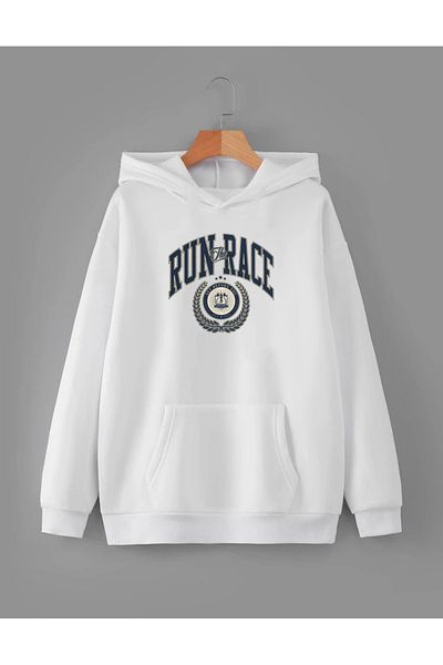 RPT MODA Oversize Run Race Printed Detail Basic Sweatshirt with Hood