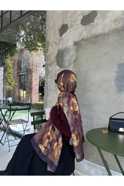 Qalortex Scarf Şal din bumbac cu model trandafir - Prune