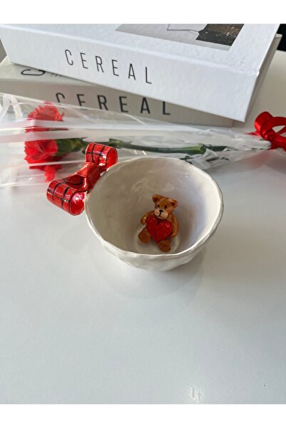 sece Kupa Kırmızı Kurdeleli Ayıcıklı El Yapımıı Sevimli Seramik Kupa