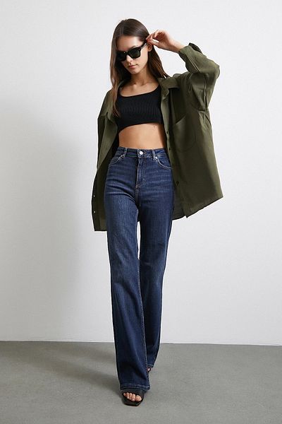 Never more High Waist Lycra Flared Jeans Navy Blue
