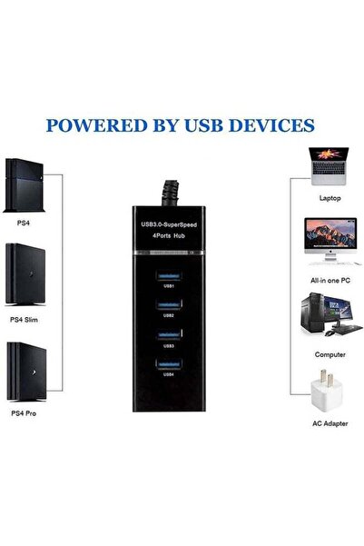 Generic موزع USB 3.0 فائق السرعة بأربعة منافذ أسود