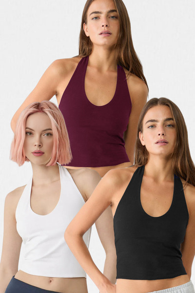 VODENS Тъмно бордо, бяло, черно, комплект от 3 броя, 95% памучен къс топ с де...