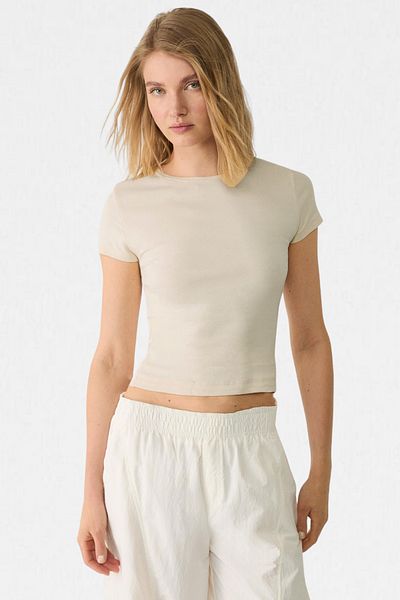 VODENS Ανοιχτό μπεζ Crew Neck Basic Ultra Soft 100% βαμβακερό κοντομάνικο σώμα