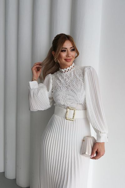 1Moda1Tarz Γυναικεία εισαγόμενα υφασμάτινα μανίκια σιφόν μπροστινή δαντέλα γκιπούρ Λεπτομέρεια ζώνη με πλισέ κάτω με επένδυση ειδικού σχεδίου