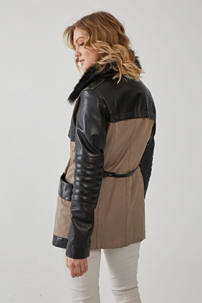 Deriderim Siyah Georgina Bej Kumaş Garni Fermuarlı Dolgulu Sıcak Tutan Kadın Hakiki Deri Kaban