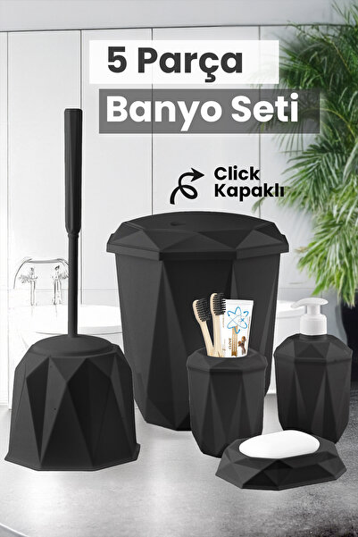 MYBOX 5 Parça Vanity Klik Kapaklı Banyo Seti - Dekoratif Çöp Kovası Diş Fırça...
