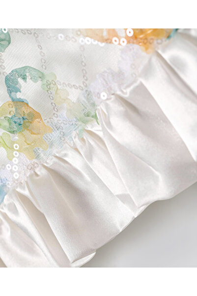 Bonfino Woven Sleeveless Printed Party Dress With Sequin Detailing - White