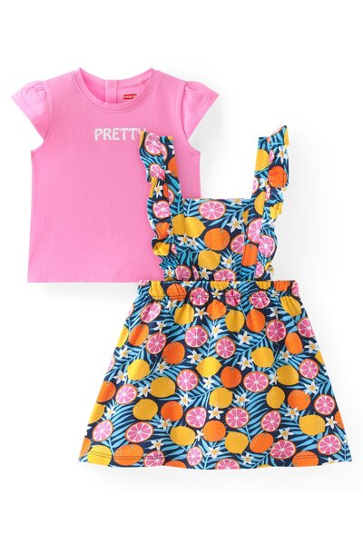 Babyhug بلوزة بأكمام قصيرة من قماش جيرسي محبوك مع فستان بطبعة زهور - وردي وأزرق