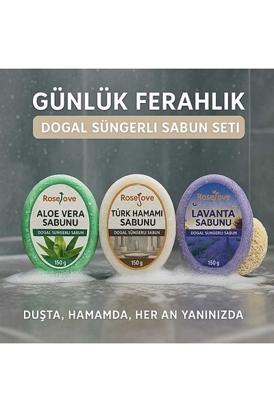 RoseLove Natural Sponge Soap Set of 3 - Aloe Vera, Lavender and Turkish Bath Breeze - 150 Gr X 3
