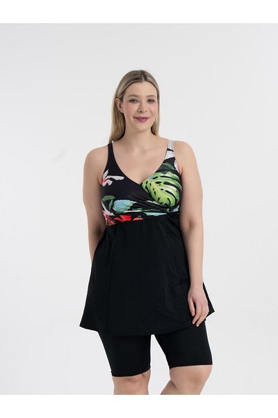 AQUAVİVA Aquaviva Women's Black Clover Pattern Plus Size Double Breasted Tights Recovery Dress Swimsuit