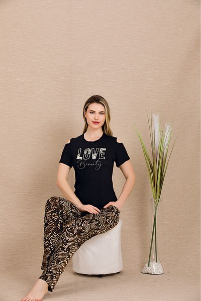 Lady Lingerie Set de pijamale de damă cu mânecă scurtă, cu detaliu pe umeri, cu imprimeu leopard