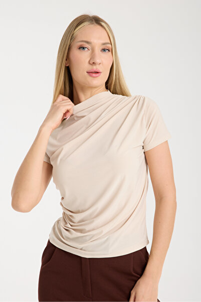 RESSHO BEJ KISA KOLLU BÜZGÜLÜ BLUZ