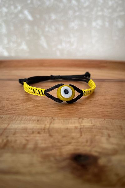 Balzamin Design Handmade Yellow Evil Eye Beaded Yellow Black Adjustable Bracelet