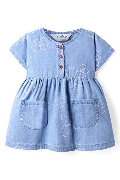 Bonfino Bonfino 100% Cotton Woven Half Sleeves Floral Printed Denim Frock - L...