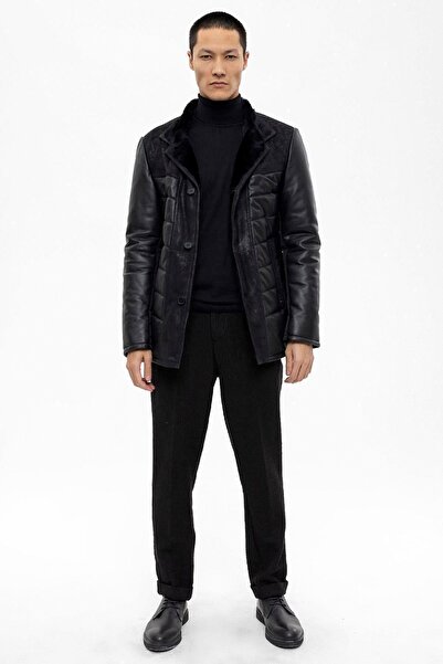 Deriderim Siyah Nico Erkek Düğmeli Hafifi Sıcak Tutan Yakası Kuzu Kürkü Hakiki Deri Kaban