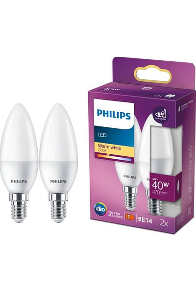 Philips Pack of 2 Philips B35 LED bulbs, candle/chandelier type, EyeComfort, E14, 5W (40W), 407 lm