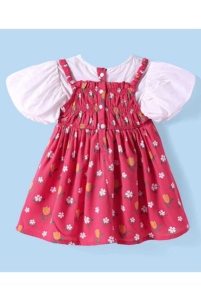 Babyhug Half Puffed Sleeves Frock With Floral Print - Red & White