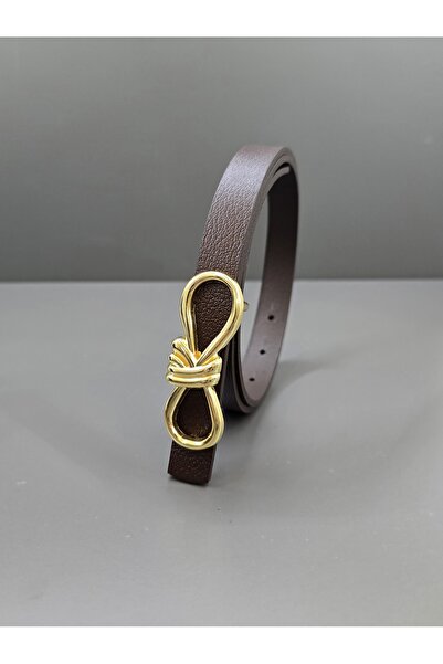 Kemerix 100% Genuine Leather Gold Buckle Thin Tan-Bitter Brown 2-Piece Belt Set