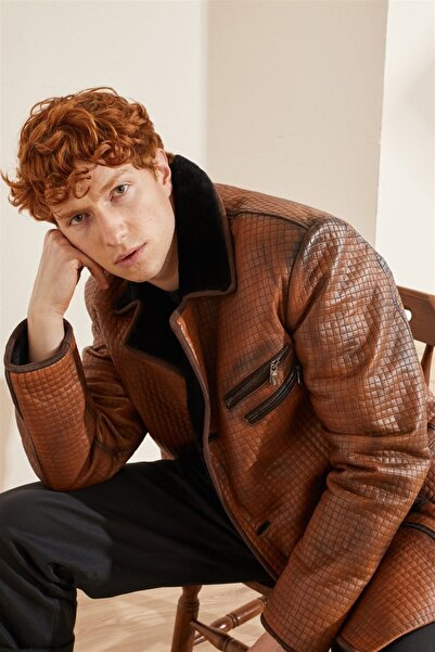 Deriderim Viski Braxton Içi Kahve Tüylü Fermuarlı Süs Düğmeli Sıcak Tutan Hakiki Kürk Erkek Kaban