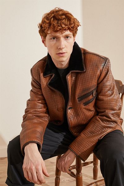 Deriderim Men's Genuine Fur Coat - Whiskey Braxton, Brown Feathers, Zipper and Ornamental Buttons