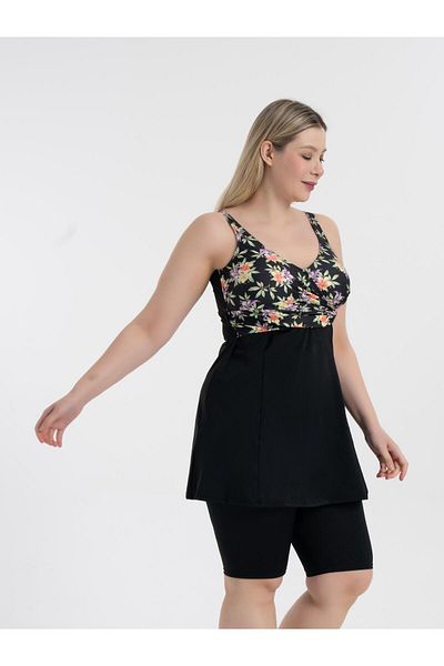AQUAVİVA Aquaviva Women's Black Lilac Pattern Large Size Double Breasted Dress Gatherer