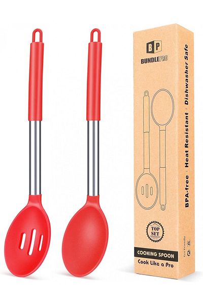 Bundlepro Set Of 2 Cooking Spoons, Stainless Steel/silicone, Red/silver, 34 X 7 Cm