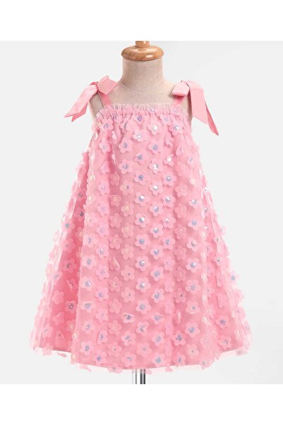 Bonfino فستان حفلات بونفينو المنسوج ذو الأشرطة مع تطريزات زهرية وترتر - وردي