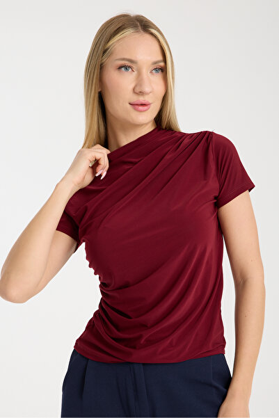 RESSHO Bluză cu mâneci scurte burgundy cu șnur