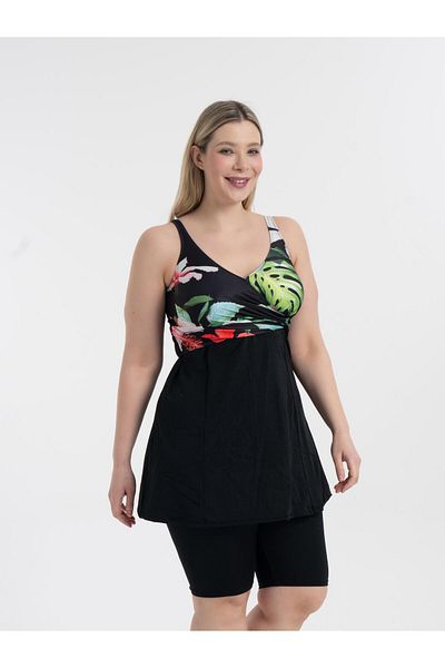 AQUAVİVA Aquaviva Women's Black Clover Pattern Plus Size Double Breasted Tights Recovery Dress Swimsuit