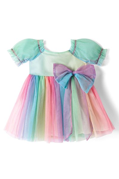 Bonfino Rainbow Mesh Bow Detailed Short Sleeves Party Dress - Multicolor