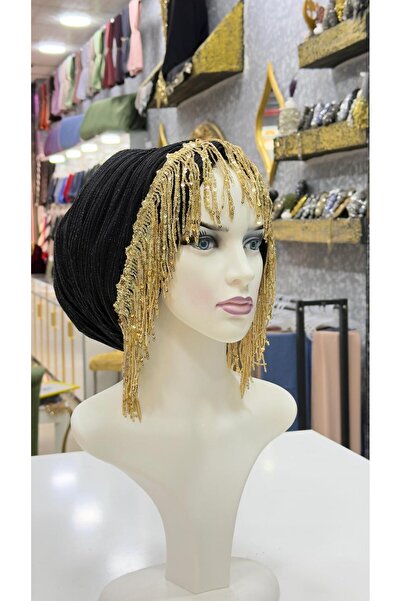 zagreus Kadın siyah simli saçaklı büzgülü bone özel günlerde çok terçih edile...