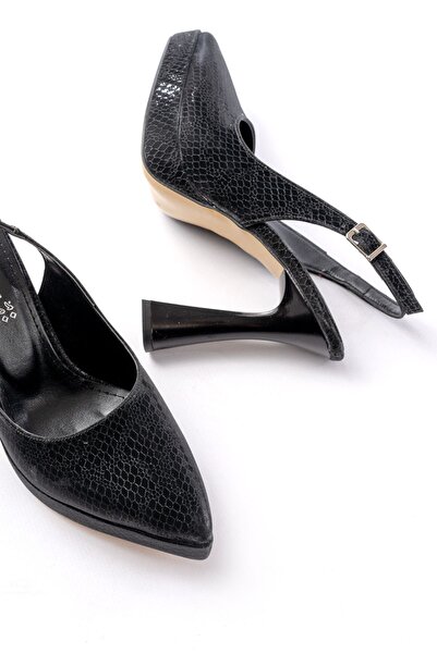 infon shoes creation B-2101 Siyah Günlük Arkası Açık Yılan Desenli Topuklu Ayakkabı