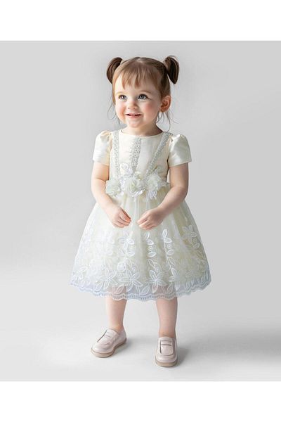 Mark & Mia Embroidered Detailed Round Neck Frock With Bow - White